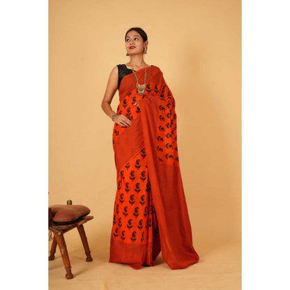Isadora Life Womens Paisley Printed Orange Pre-Draped Saree with Unstitched Blouse