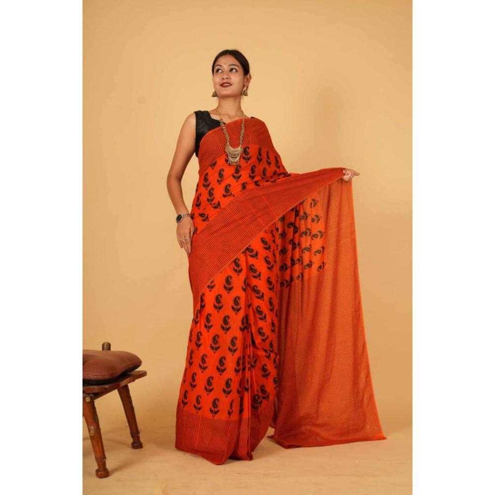 Isadora Life Womens Paisley Printed Orange Pre-Draped Saree with Unstitched Blouse