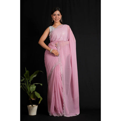 Isadora Life Womens Beads Sequined Pink Pre-Draped Saree with Unstitched Blouse