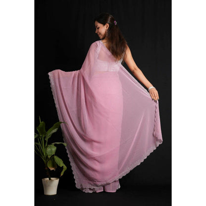 Isadora Life Womens Beads Sequined Pink Pre-Draped Saree with Unstitched Blouse