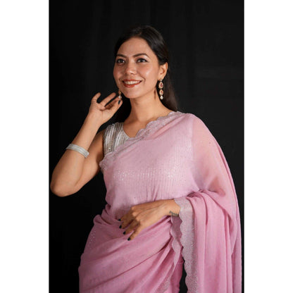 Isadora Life Womens Beads Sequined Pink Pre-Draped Saree with Unstitched Blouse