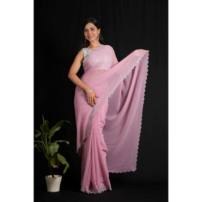 Isadora Life Womens Beads Sequined Pink Pre-Draped Saree with Unstitched Blouse