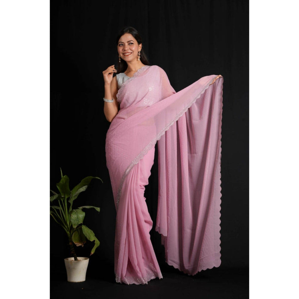 Isadora Life Womens Beads Sequined Pink Pre-Draped Saree with Unstitched Blouse