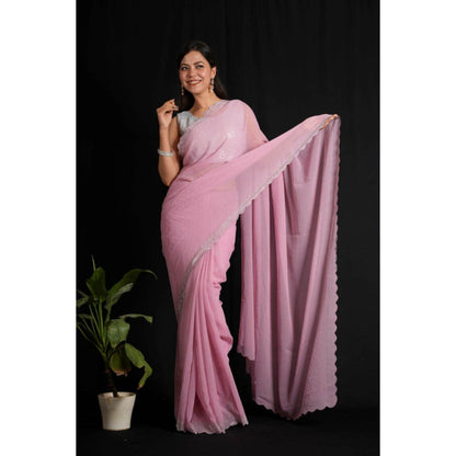 Isadora Life Womens Beads Sequined Pink Pre-Draped Saree with Unstitched Blouse