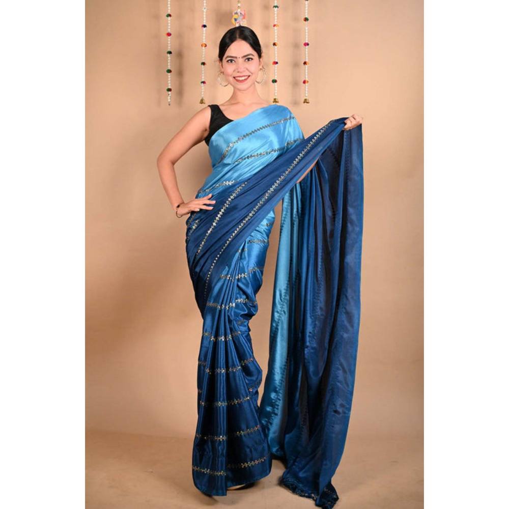 Isadora Life Womens Ombre Sequined Blue Pre-Draped Saree with Unstitched Blouse