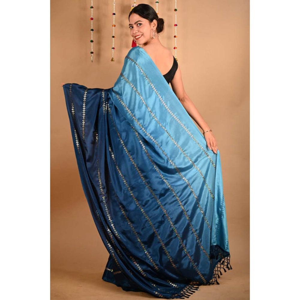 Isadora Life Womens Ombre Sequined Blue Pre-Draped Saree with Unstitched Blouse