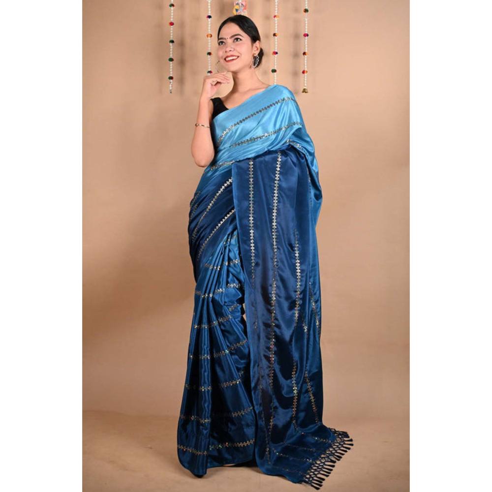 Isadora Life Womens Ombre Sequined Blue Pre-Draped Saree with Unstitched Blouse