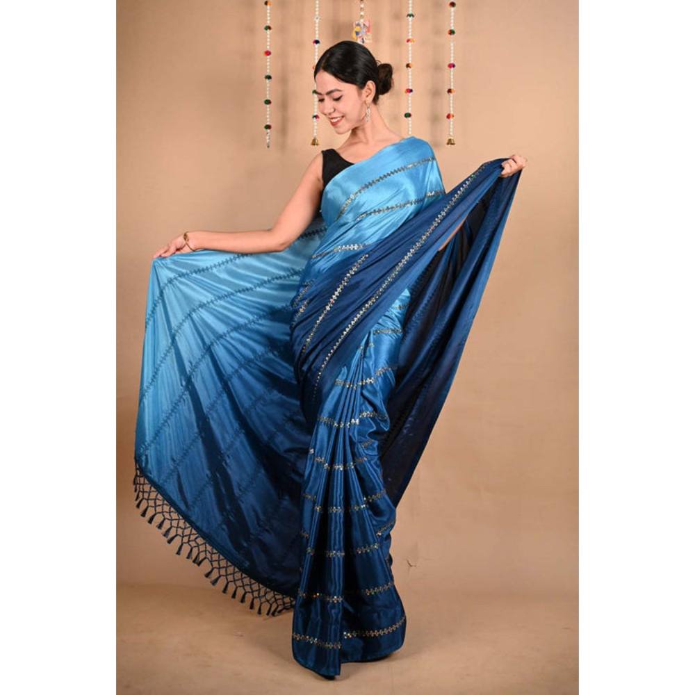 Isadora Life Womens Ombre Sequined Blue Pre-Draped Saree with Unstitched Blouse