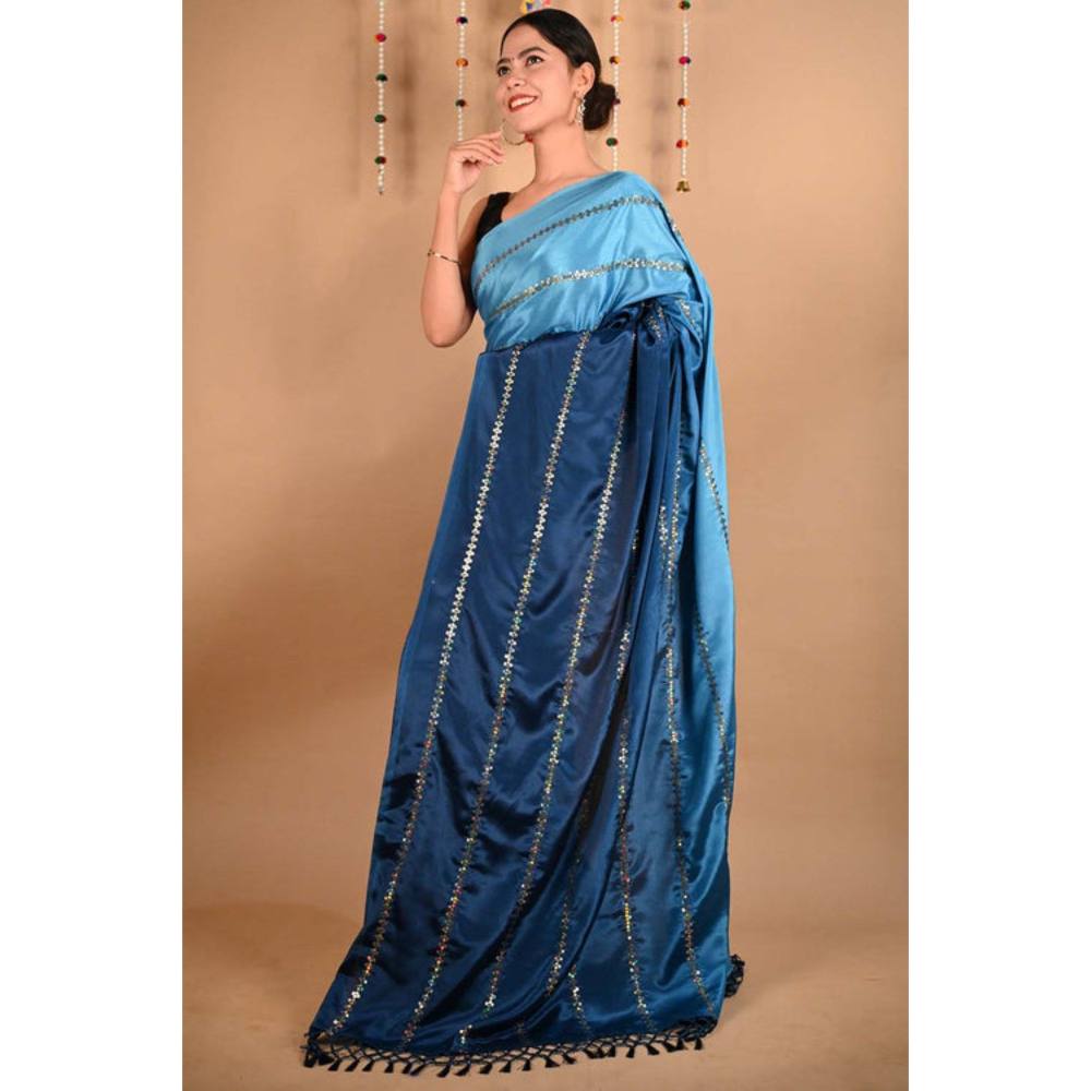 Isadora Life Womens Ombre Sequined Blue Pre-Draped Saree with Unstitched Blouse