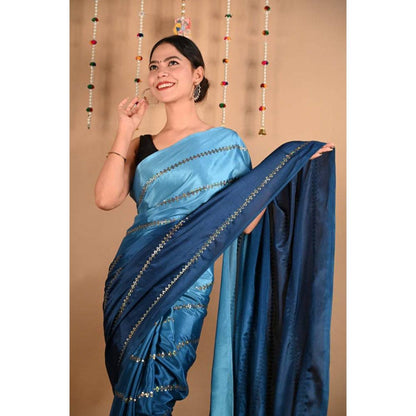 Isadora Life Womens Ombre Sequined Blue Pre-Draped Saree with Unstitched Blouse