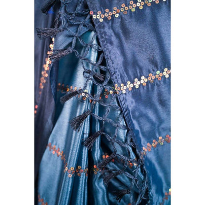 Isadora Life Womens Ombre Sequined Blue Pre-Draped Saree with Unstitched Blouse