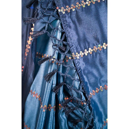 Isadora Life Womens Ombre Sequined Blue Pre-Draped Saree with Unstitched Blouse