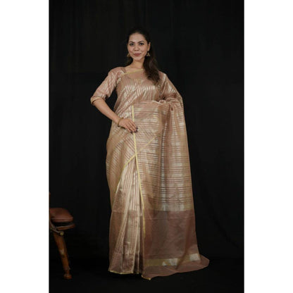 Isadora Life Womens Stripes Zari Beige Pre-Draped Saree with Unstitched Blouse