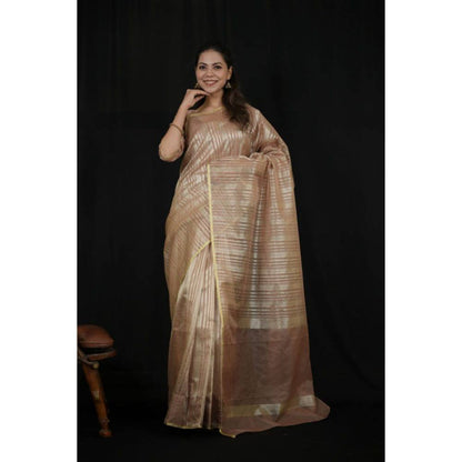 Isadora Life Womens Stripes Zari Beige Pre-Draped Saree with Unstitched Blouse