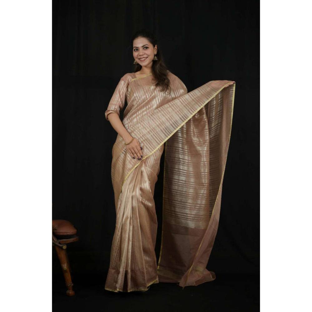 Isadora Life Womens Stripes Zari Beige Pre-Draped Saree with Unstitched Blouse