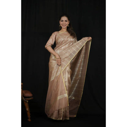Isadora Life Womens Stripes Zari Beige Pre-Draped Saree with Unstitched Blouse