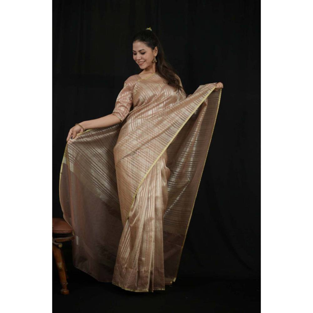 Isadora Life Womens Stripes Zari Beige Pre-Draped Saree with Unstitched Blouse