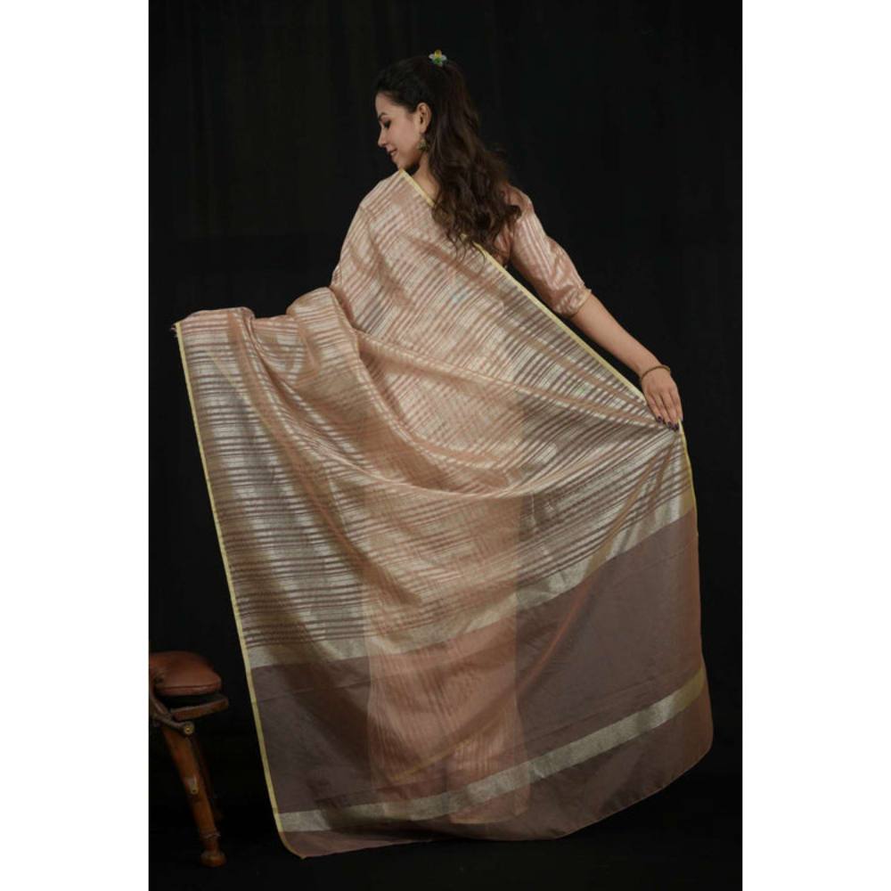 Isadora Life Womens Stripes Zari Beige Pre-Draped Saree with Unstitched Blouse