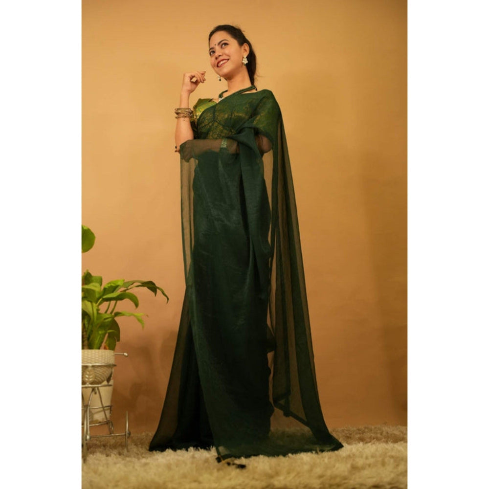 Isadora Life Womens Solid Green Pre-Draped Saree with Unstitched Blouse