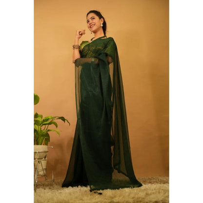 Isadora Life Womens Solid Green Pre-Draped Saree with Unstitched Blouse