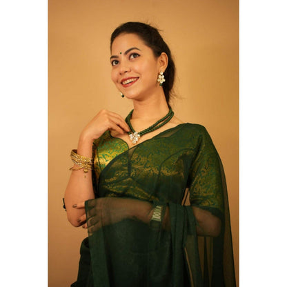 Isadora Life Womens Solid Green Pre-Draped Saree with Unstitched Blouse