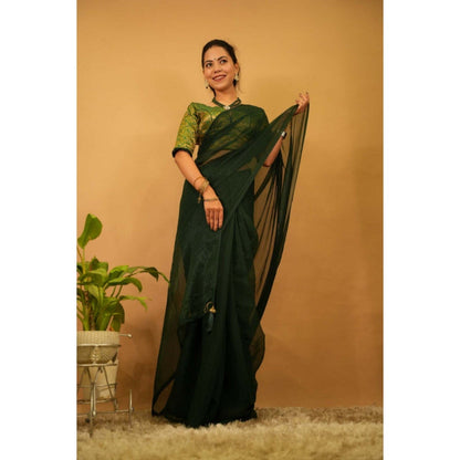 Isadora Life Womens Solid Green Pre-Draped Saree with Unstitched Blouse
