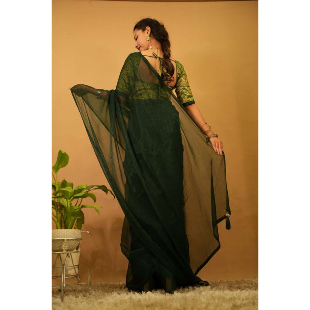 Isadora Life Womens Solid Green Pre-Draped Saree with Unstitched Blouse