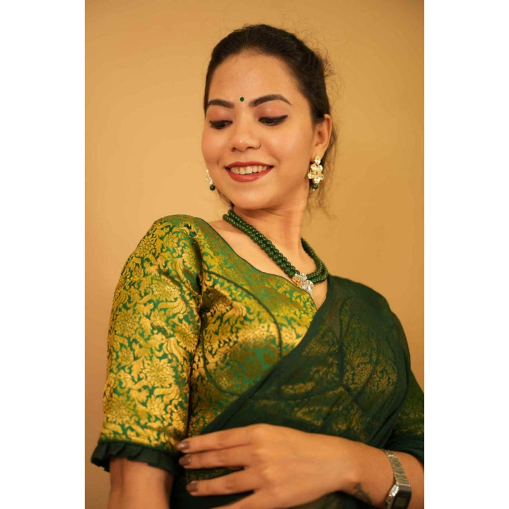 Isadora Life Womens Solid Green Pre-Draped Saree with Unstitched Blouse