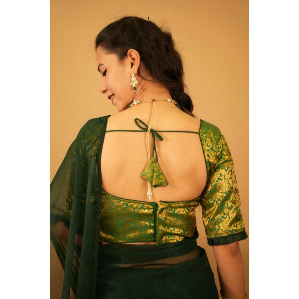Isadora Life Womens Solid Green Pre-Draped Saree with Unstitched Blouse