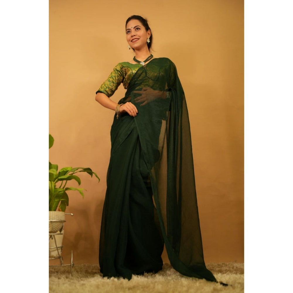 Isadora Life Womens Solid Green Pre-Draped Saree with Unstitched Blouse