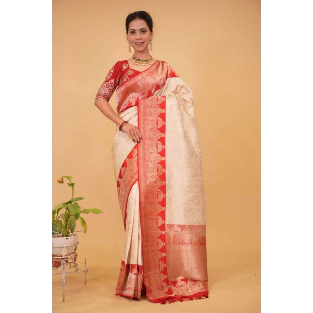 Isadora Life Womens Woven Zari Ivory Pre-Draped Saree with Unstitched Blouse