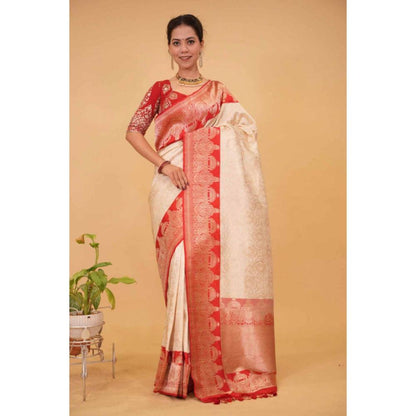 Isadora Life Womens Woven Zari Ivory Pre-Draped Saree with Unstitched Blouse