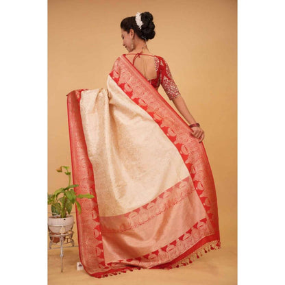 Isadora Life Womens Woven Zari Ivory Pre-Draped Saree with Unstitched Blouse