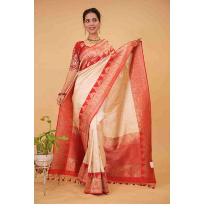 Isadora Life Womens Woven Zari Ivory Pre-Draped Saree with Unstitched Blouse