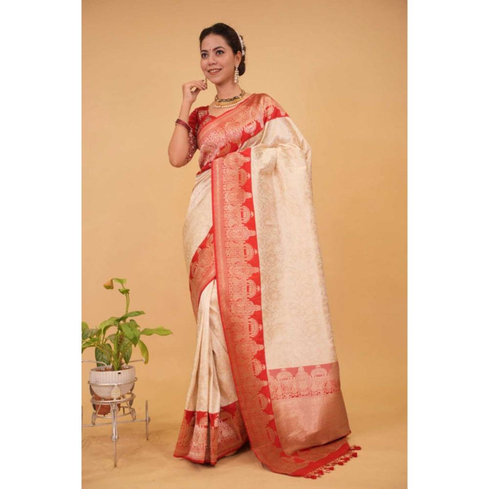 Isadora Life Womens Woven Zari Ivory Pre-Draped Saree with Unstitched Blouse