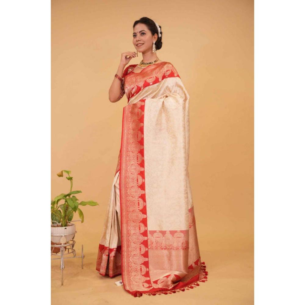 Isadora Life Womens Woven Zari Ivory Pre-Draped Saree with Unstitched Blouse