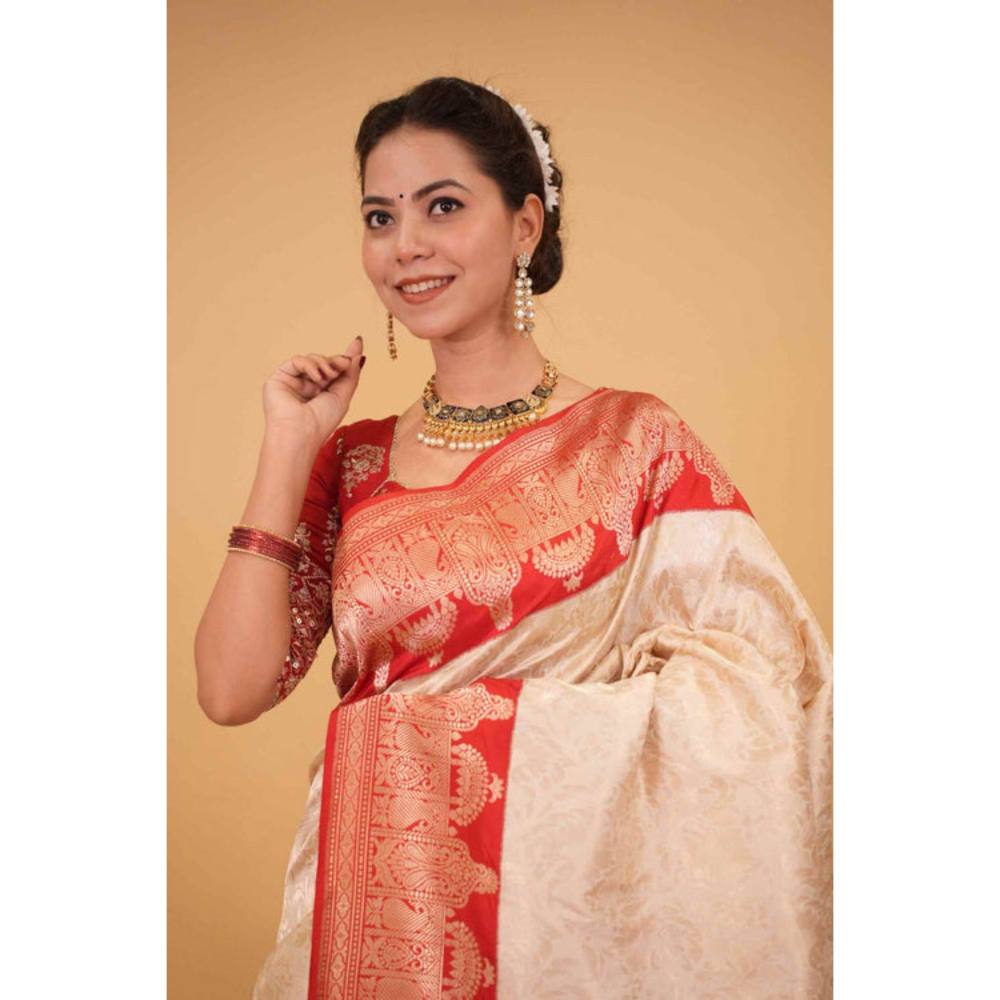 Isadora Life Womens Woven Zari Ivory Pre-Draped Saree with Unstitched Blouse