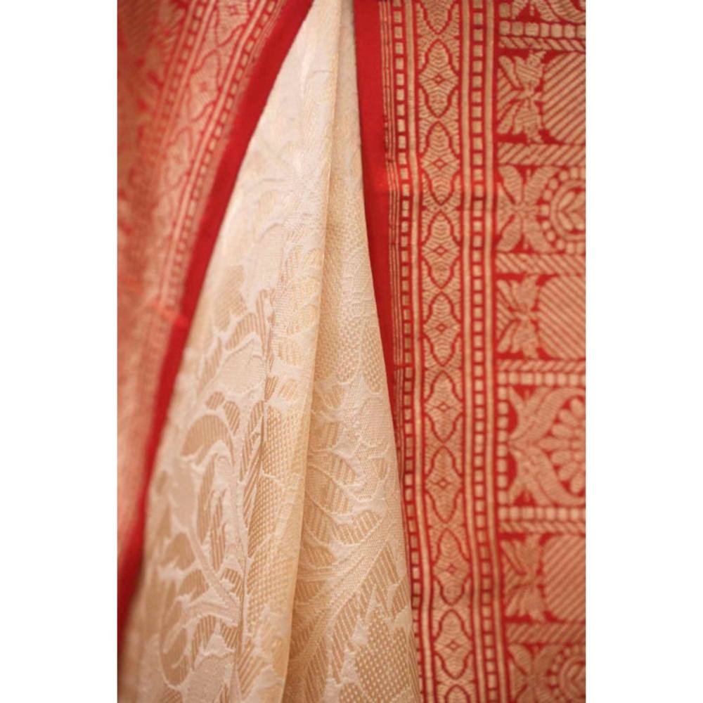 Isadora Life Womens Woven Zari Ivory Pre-Draped Saree with Unstitched Blouse