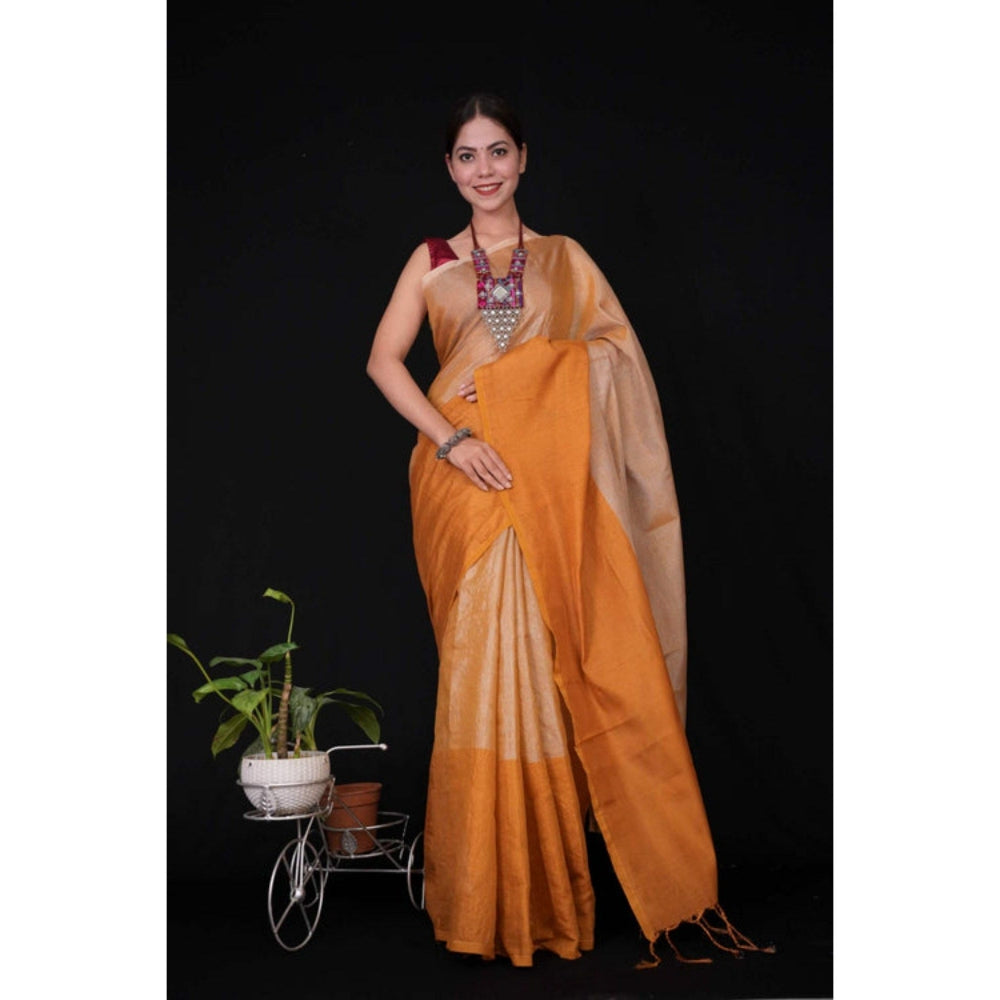 Isadora Life Womens Solid Tassels Beige Pre-Draped Saree with Unstitched Blouse