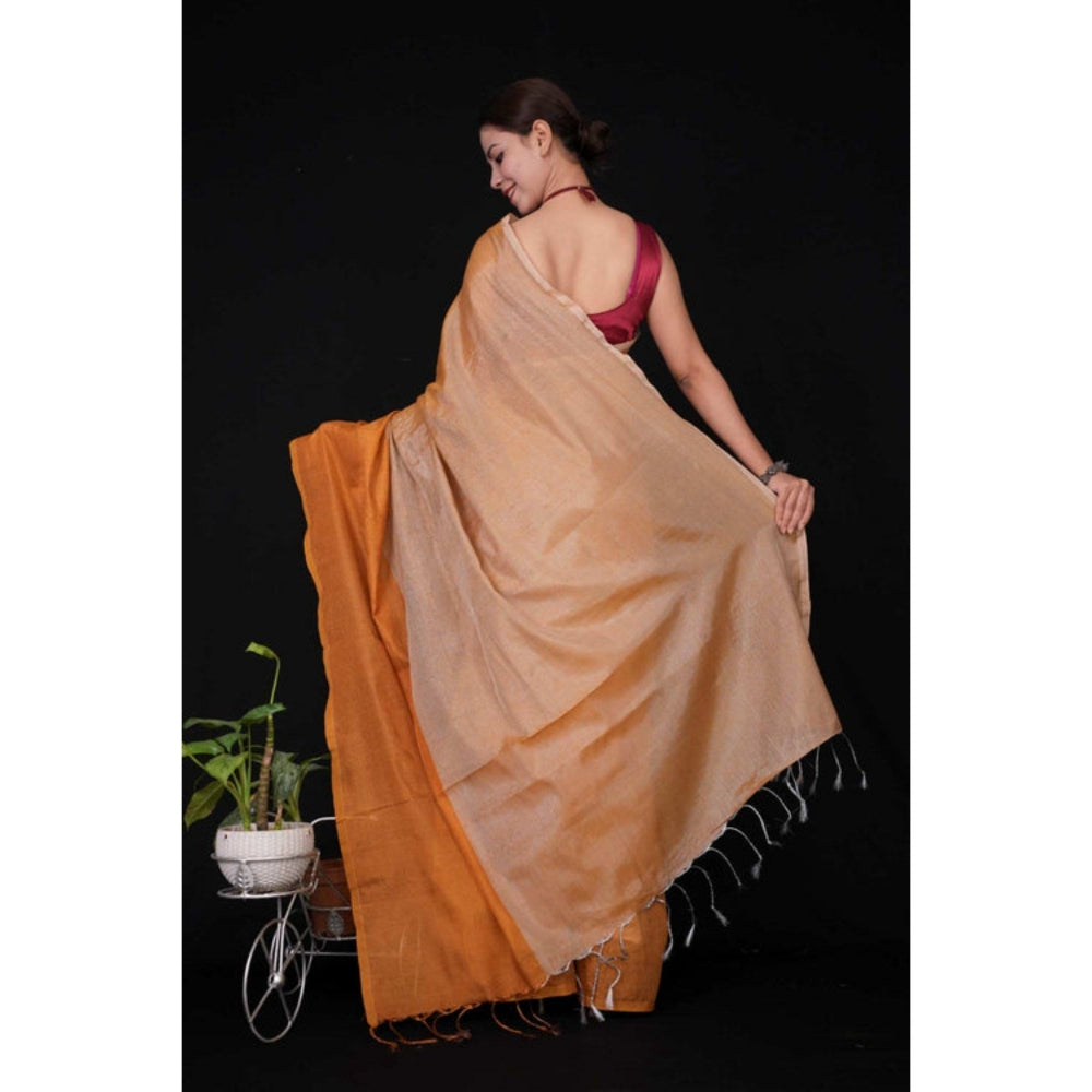 Isadora Life Womens Solid Tassels Beige Pre-Draped Saree with Unstitched Blouse