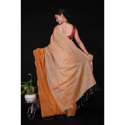 Isadora Life Womens Solid Tassels Beige Pre-Draped Saree with Unstitched Blouse