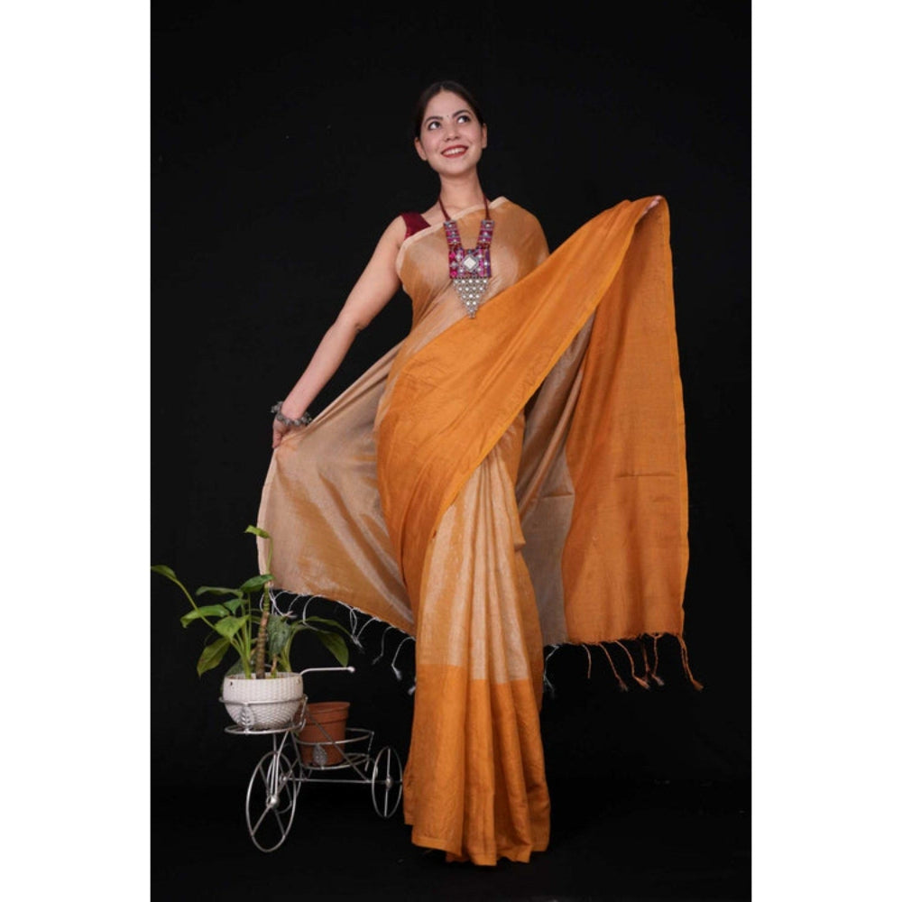 Isadora Life Womens Solid Tassels Beige Pre-Draped Saree with Unstitched Blouse