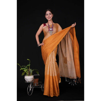 Isadora Life Womens Solid Tassels Beige Pre-Draped Saree with Unstitched Blouse