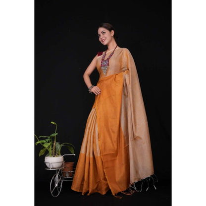 Isadora Life Womens Solid Tassels Beige Pre-Draped Saree with Unstitched Blouse