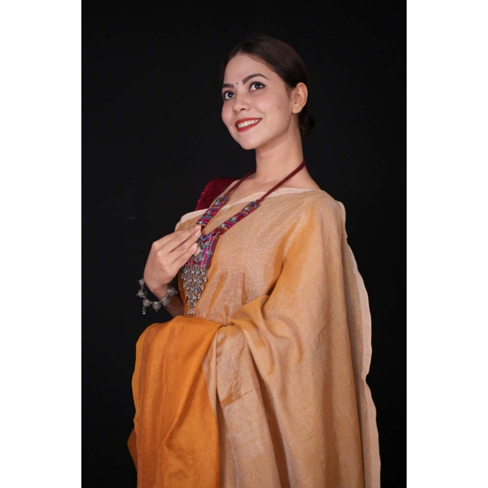 Isadora Life Womens Solid Tassels Beige Pre-Draped Saree with Unstitched Blouse