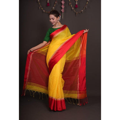 Isadora Life Womens Solid Tassels Yellow Pre-Draped Saree with Unstitched Blouse