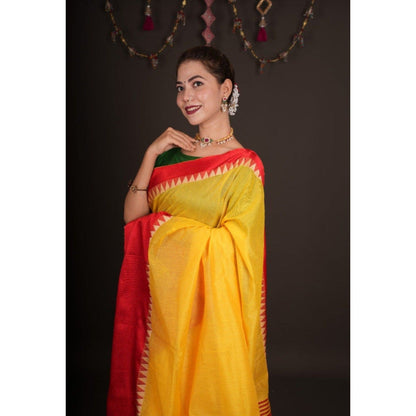 Isadora Life Womens Solid Tassels Yellow Pre-Draped Saree with Unstitched Blouse