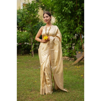 Isadora Life Womens Woven Zari Beige Pre-Draped Saree with Unstitched Blouse