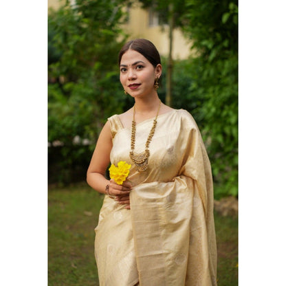 Isadora Life Womens Woven Zari Beige Pre-Draped Saree with Unstitched Blouse
