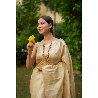 Isadora Life Womens Woven Zari Beige Pre-Draped Saree with Unstitched Blouse